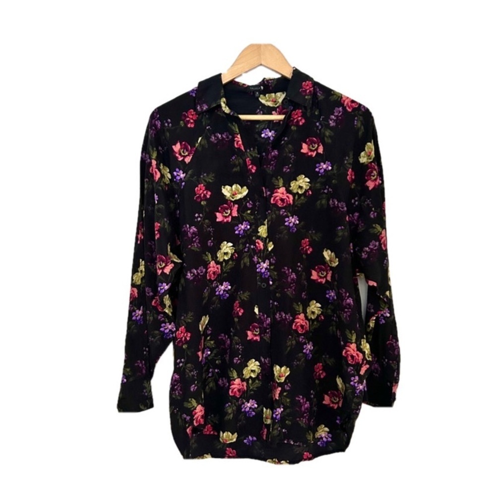 Aritzia Talula Floral Button Down Shirt Size s Black Mult color silk cotton